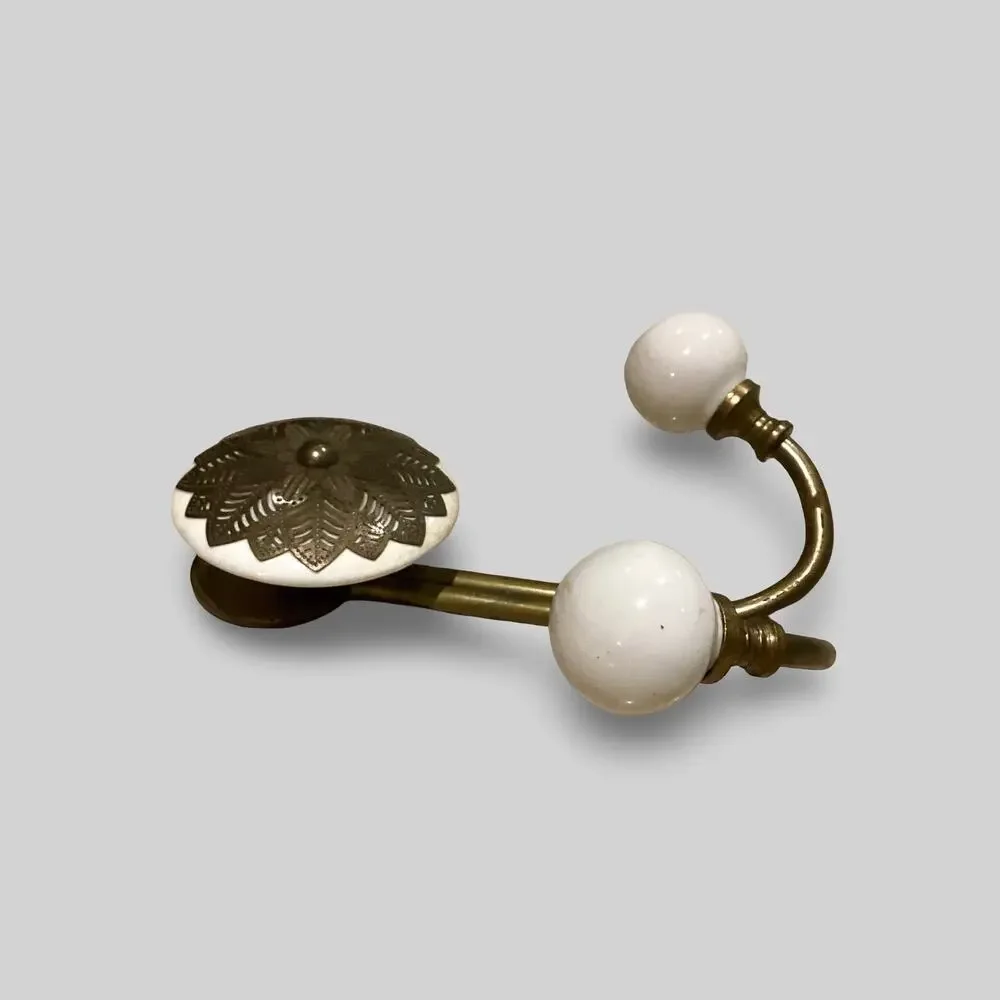White and Brass Porcelain Hooks / Vintage Glass Ceramic Hook